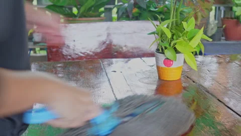 Hand cleaning wooden table surface with green plant in background blurry motion  動画素材 335950755