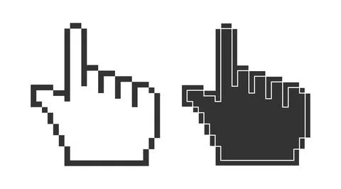 Hand click 8 bit icon. Pixel computer pointer symbol. Sign finger vector. Stock Illustration