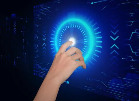 Hand click on button security future technology concept Stock Photos
