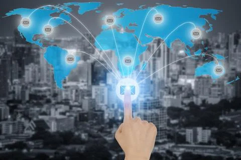 Hand click on button to sent e-mail icons with virtual background. Email mark Stock Photos