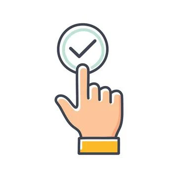 Hand click checkmark. Finger clicking on a checkmark button, representing a.. Stock Illustration