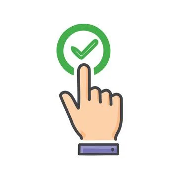 Hand click checkmark. Hand clicking on a green checkmark circle, symbolizin.. Stock Illustration