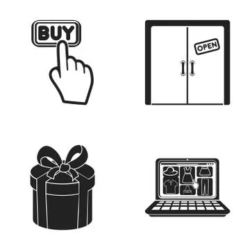Hand, click, elevator, gift, box, door, online store and other equipment. E Stock Illustration