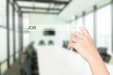 Hand click find job interface office interior background Stock Photos
