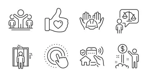 Like hand, Click hand and Elevator icons set. Winner, Income money and House Ilustración de archivo