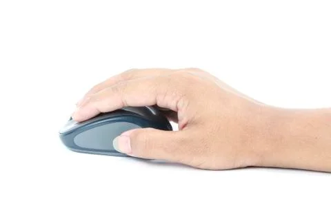 Hand click on modern computer mouse isolated on a white background Stock Photos