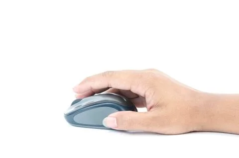 Hand click on modern computer mouse isolated on a white background Stock Photos