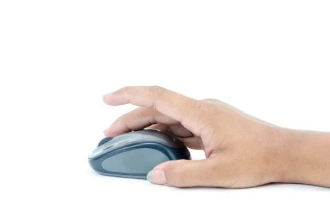 Hand click on modern computer mouse isolated on a white background with clipp Stock Photos