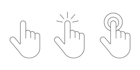 Hand click pointer icons set. Clicking pointing hand vector symbols in outlin Stock Illustration