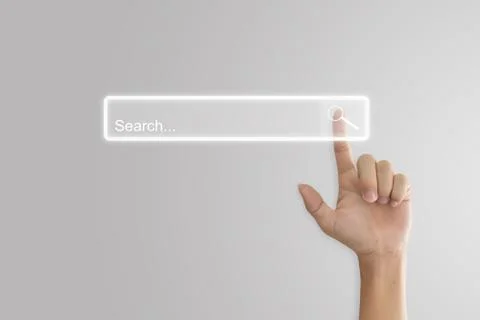 Hand click search button page on virtual screen. Idea for searching browse da Photos