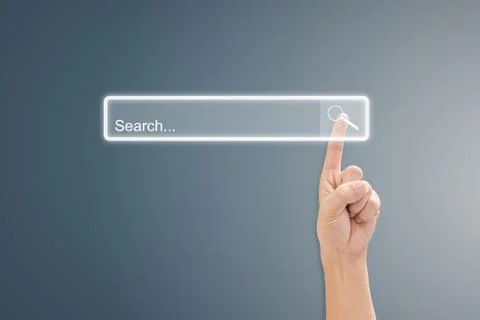Hand click search button page on virtual screen. Idea for searching browse da Photos