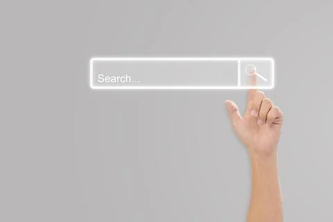 Hand click search button page on virtual screen. Idea for searching browse da Stock Photos