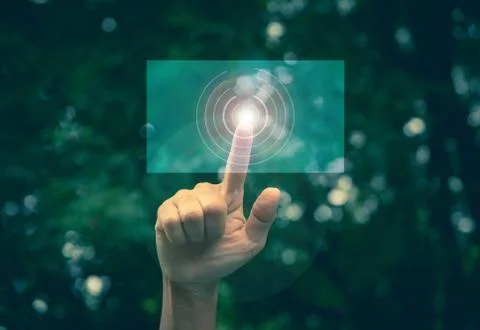 Hand click on virtual touchscreen button. Hand pressing modern buttons. Man h Stock Photos