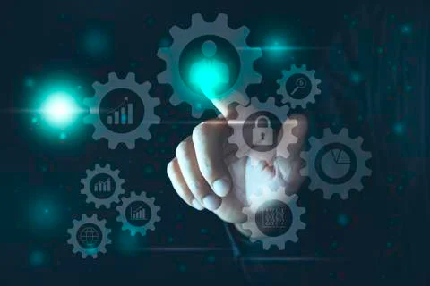 Hand click on virtual touchscreen button. Hand pressing modern buttons. Man h Foto stock