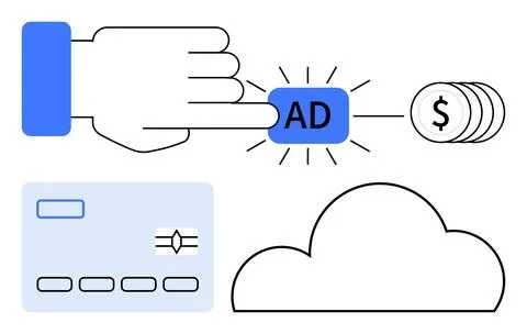 Hand clicking AD button, dollar coins icon, credit card, and cloud outline. I Stock Illustration