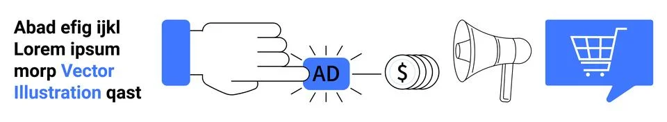 Hand clicking ad button, dollar symbol, megaphone, speech bubble with shoppin Stock Illustration