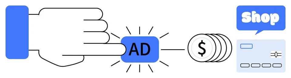 Hand clicking on Ad button to generate revenue and shop online Stock Illustration