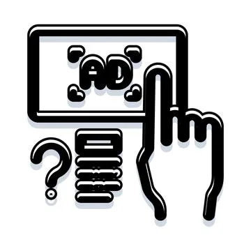Hand clicking advertisement on tablet with question mark 스톡 일러스트