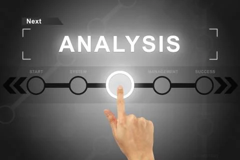 Hand clicking analysis button on a screen interface Stock Photos