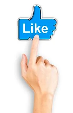 Hand clicking a blue like button, top view Stock Illustration