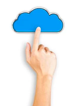 Hand clicking a blue cloud shaped button, top view Stock Illustration