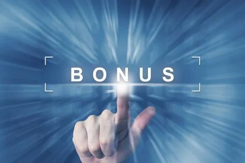 Hand clicking on bonus button Foto stock