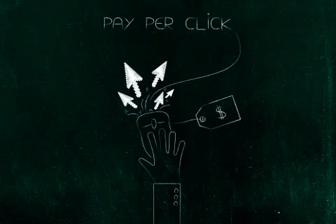 Hand clicking on computer mouse with price tag, pay per click Illustrazione stock