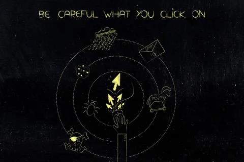 Hand clicking on computer mouse surrounded by spinning cyber threats 스톡 일러스트