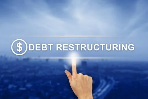 Hand clicking Debt restructuring button on touch screen Foto stock