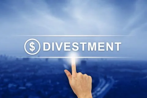 Hand clicking divestment button on touch screen Stock Photos