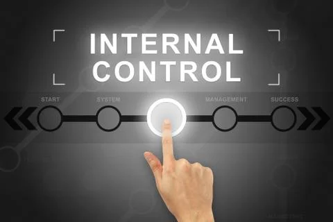 Hand clicking internal control button on a screen interface Stock Photos