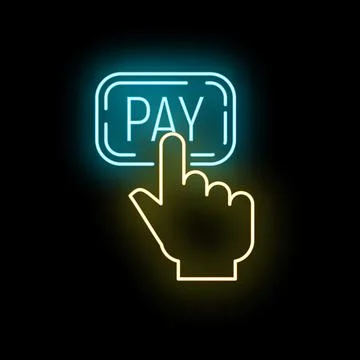 Hand clicking neon pay button for online transaction イラスト素材