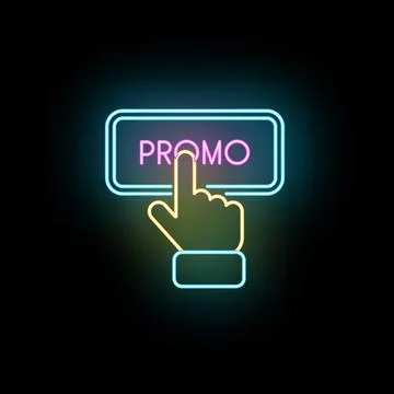 Hand clicking neon promo button on dark background イラスト素材
