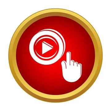 Hand clicking play button on red circle icon Stock Illustration