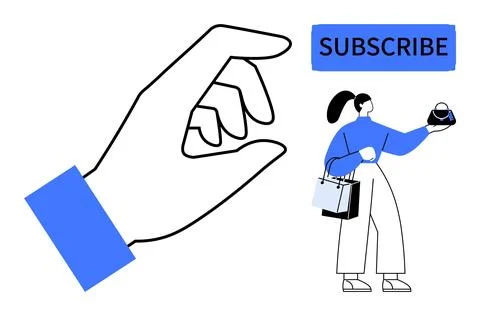 Hand Clicking Subscribe Button Near Woman Holding Product and Shopping Bags イラスト素材