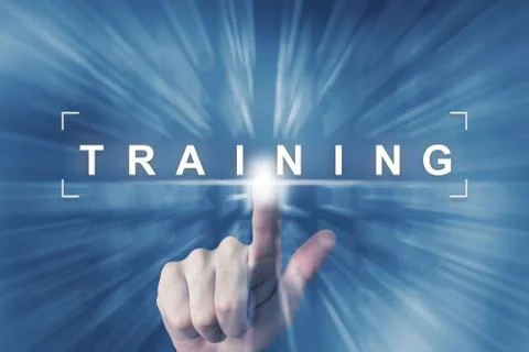 Hand clicking on training button Stock Photos