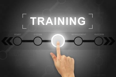 Hand clicking training button on a screen interface Stock Illustration