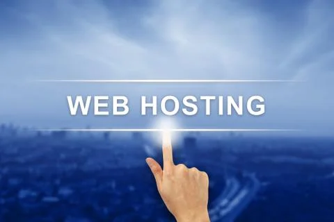 Hand clicking web hosting button on touch screen Stock Photos