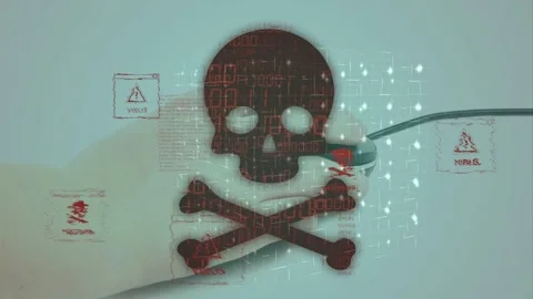 Hand clicking wired mouse, activating skull motif flickering and alerts pulsing, Stock Footage 334881745