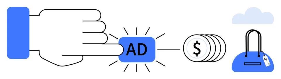 Hand clicks AD button, coins generate next to shopping bag. Ideal for adverti Stock Illustration