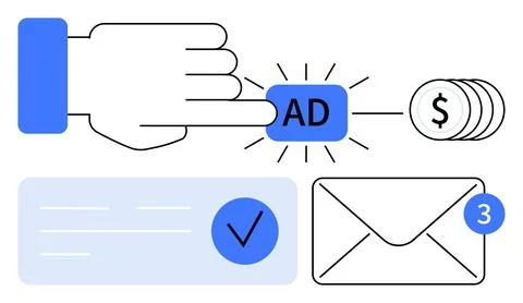 Hand clicks ad button, coins stack for payments, mail icon with notification, 스톡 일러스트