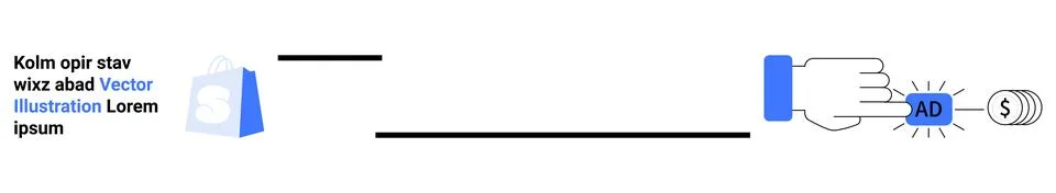 A hand clicks on an ad button next to a shopping cart icon with dummy text. I Stock Illustration
