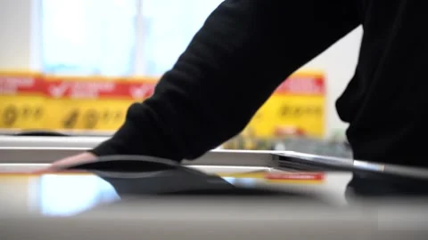 Hand in close-up opens the freezer in the store and takes the frozen product Video stock 145466817