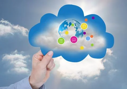 Hand with cloud and application icons on it in the sky Stock Photos