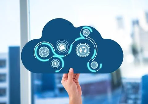Hand with cloud and application icons on it in front of the office window Stock Photos