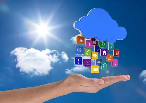 Hand with cloud with application icons over in the sky Stock Photos