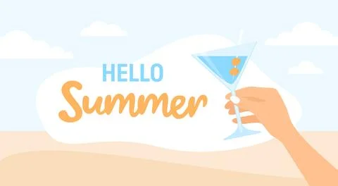 Hand with cocktail and text message hello summer on a beach background Stock Illustration