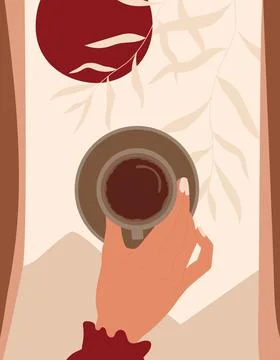 Hand with coffee cup on background of nature. Abstract illustration in retro Stock Illustration