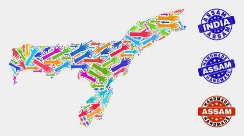 Hand Collage of Assam State Map and Scratched Handmade Stamps Illustrazione stock
