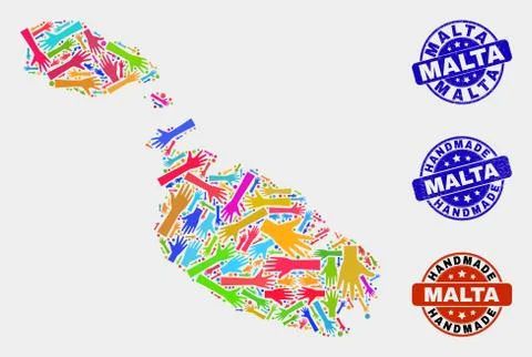 Hand Collage of Malta Map and Scratched Handmade Stamps Stock Illustration